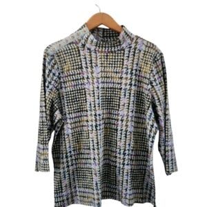 Isaac Mizrahi Estate Top Houndstooth Blue Purple Mockneck 3/4 Sleeves Size XL